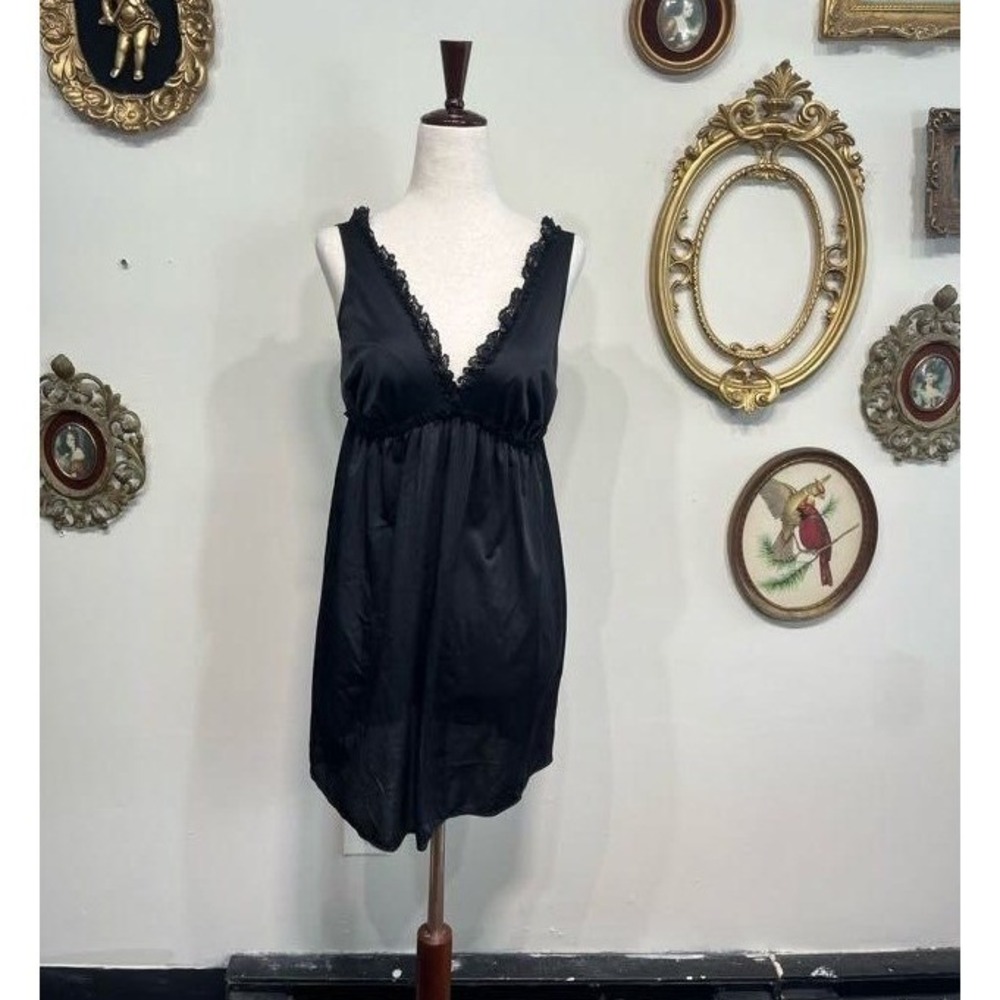 Vintage Figurettes Black Lace-Trim Mini Slip Dress - Size A